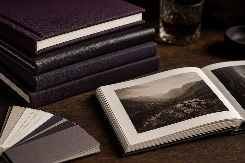 Gestapelte Fotobücher mit unterschiedlichen Einbänden, eines aufgeschlagen mit sichtbarer Bindung